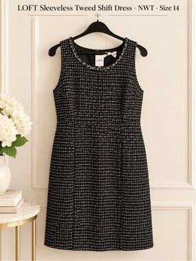 LOFT Black and White Tweed Sleeveless Shift Dress